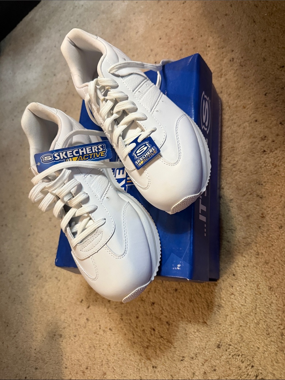 Skechers White Lace-Up Active Sneakers with Blue Logo Tag